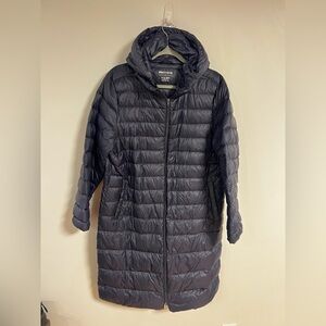 Simons Women's Navy Long Packable Puffer Coat with Hood